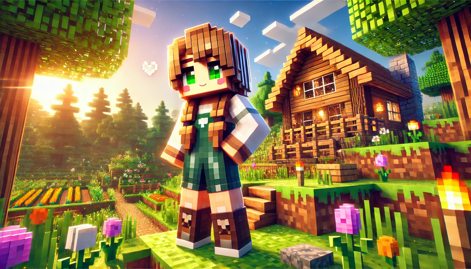 Illustration of a Minecraft-style landscape featuring a character named Jenny standing near a wooden and cobblestone house. The scene includes a lush pixelated forest, a grassy foreground with flowers, and a bright blue sky with fluffy clouds, showcasing vibrant colors and detailed textures in a lively atmosphere.